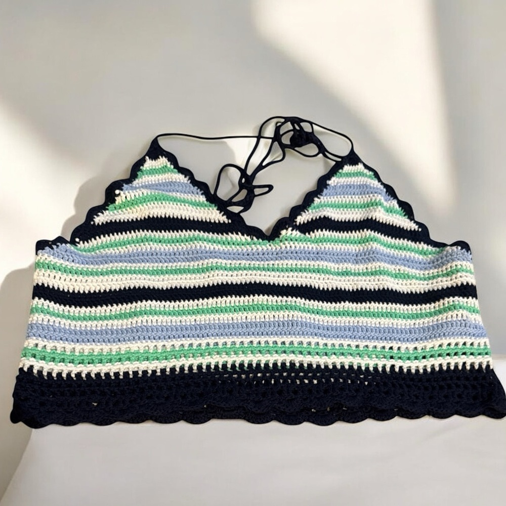Aerie Multi-Colored Striped Crochet Knit Halter Top sz L nwot